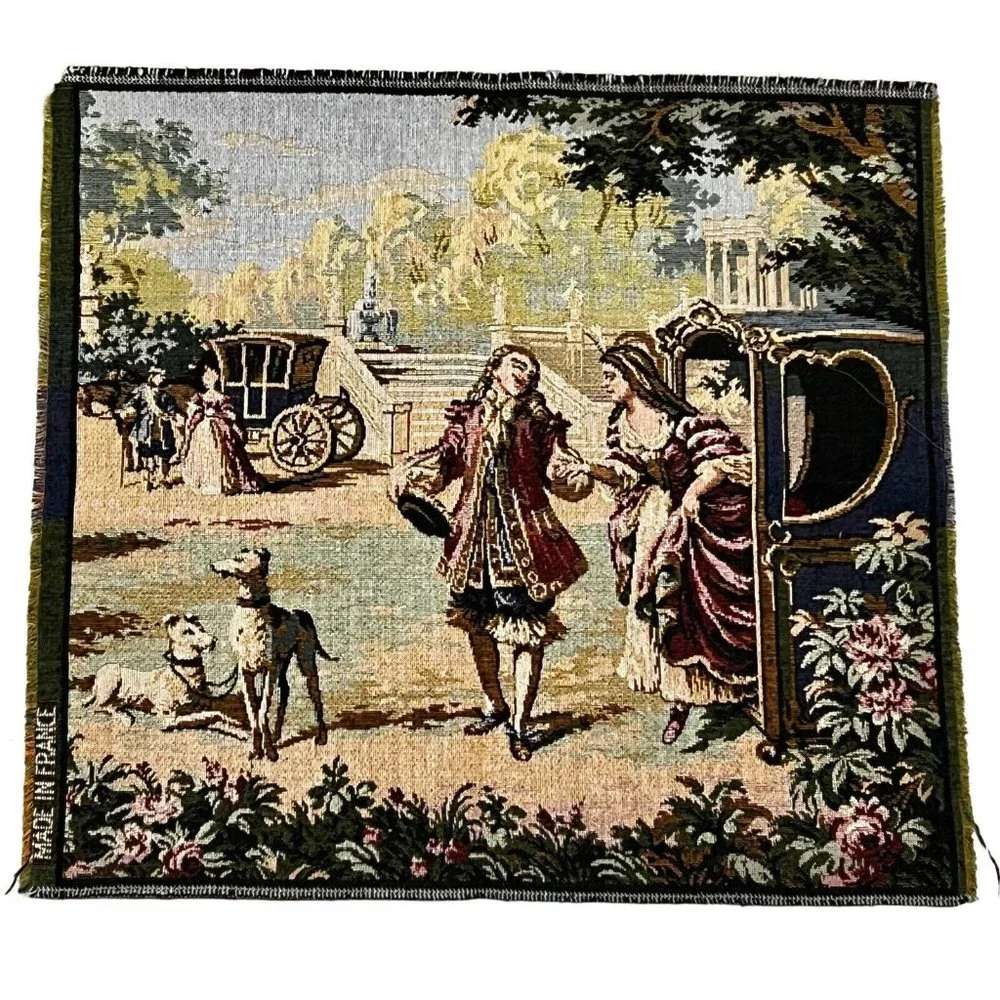 Victorian Woven Tapestry Fabric Wall Hanging Courting Couple France 21x19